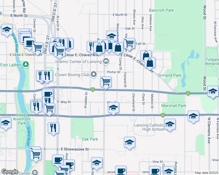map of restaurants, bars, coffee shops, grocery stores, and more near 1017 East Oakland Avenue in Lansing