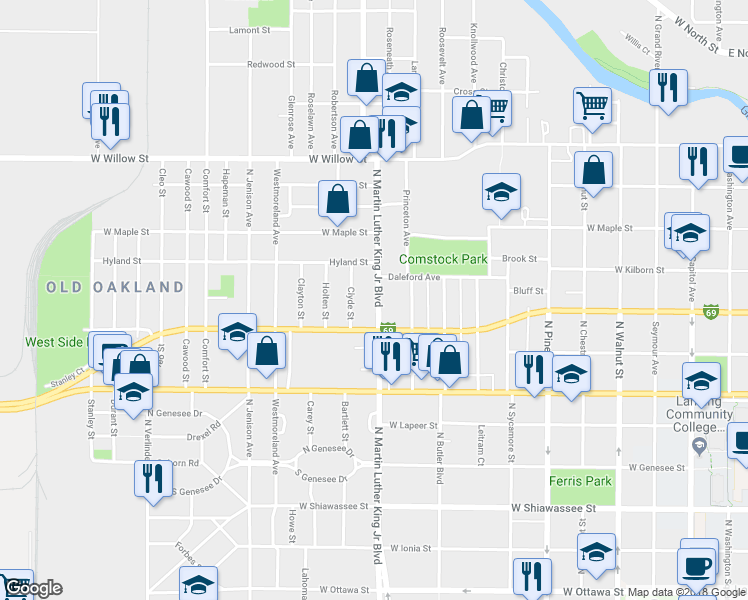 map of restaurants, bars, coffee shops, grocery stores, and more near 827 North Martin Luther King Junior Boulevard in Lansing