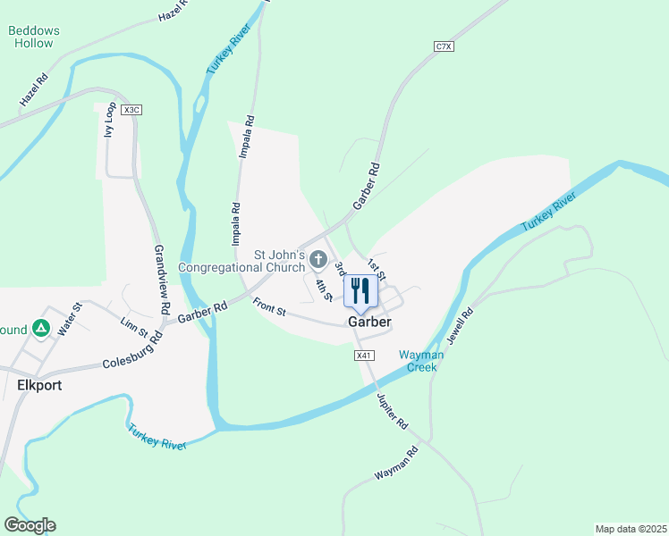 map of restaurants, bars, coffee shops, grocery stores, and more near 307 3rd Street in Garber