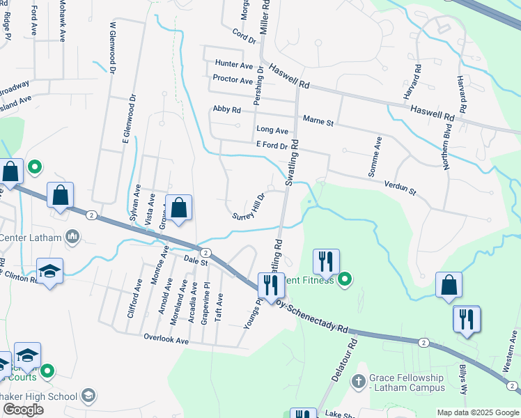 map of restaurants, bars, coffee shops, grocery stores, and more near 28 Surrey Hill Drive in Latham