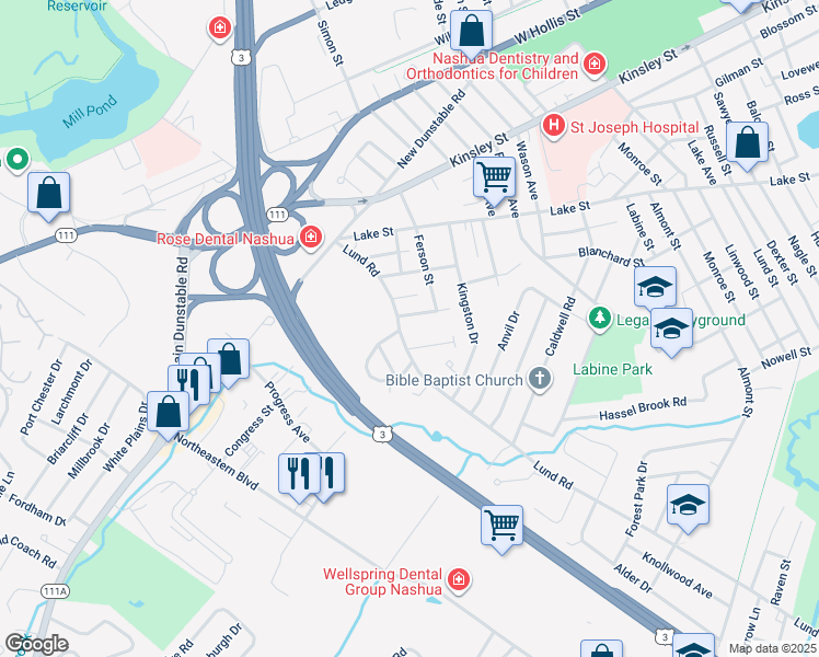 map of restaurants, bars, coffee shops, grocery stores, and more near 3 Jessica Drive in Nashua