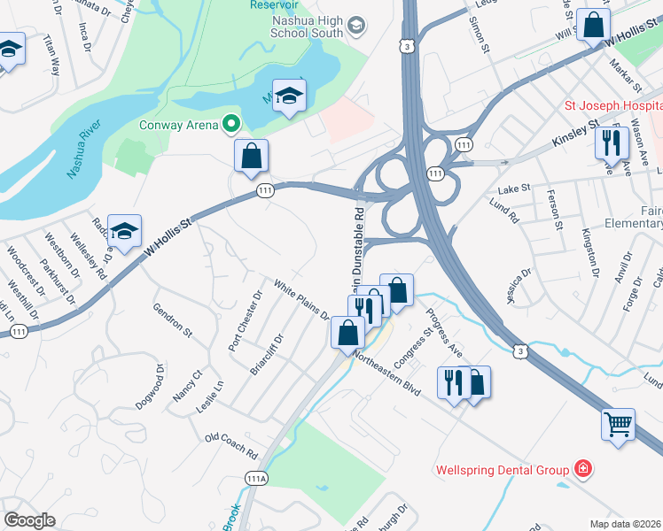 map of restaurants, bars, coffee shops, grocery stores, and more near 241-245 Main Dunstable Road in Nashua