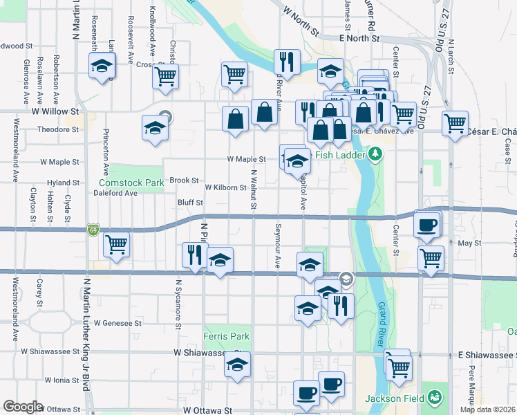 map of restaurants, bars, coffee shops, grocery stores, and more near 908 North Walnut Street in Lansing
