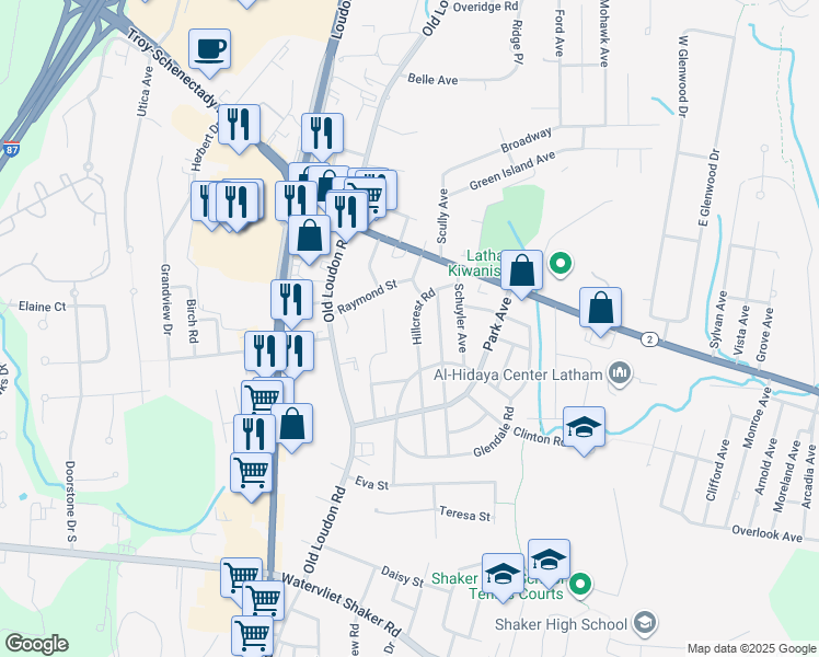 map of restaurants, bars, coffee shops, grocery stores, and more near 29 Hillcrest Road in Latham