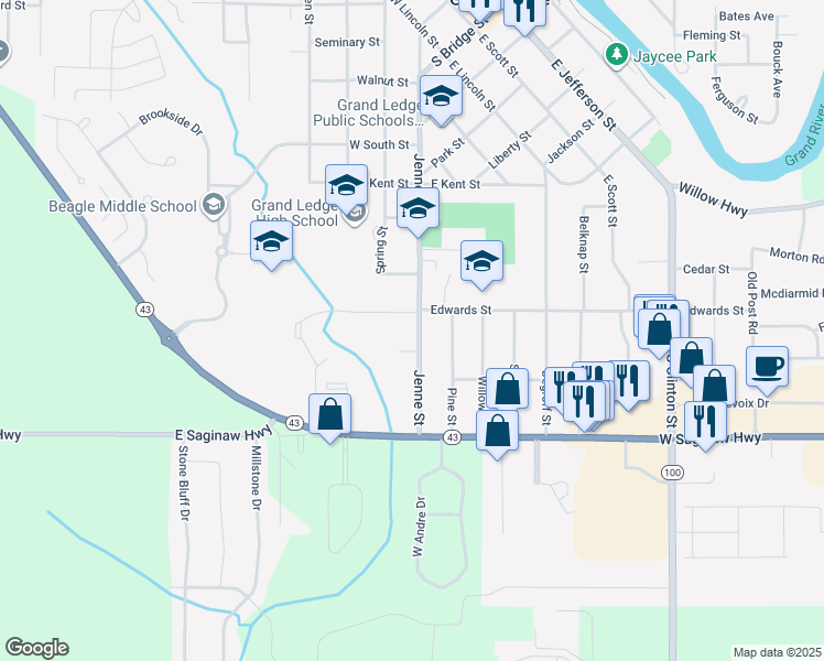 map of restaurants, bars, coffee shops, grocery stores, and more near 1118 Jenne Street in Grand Ledge