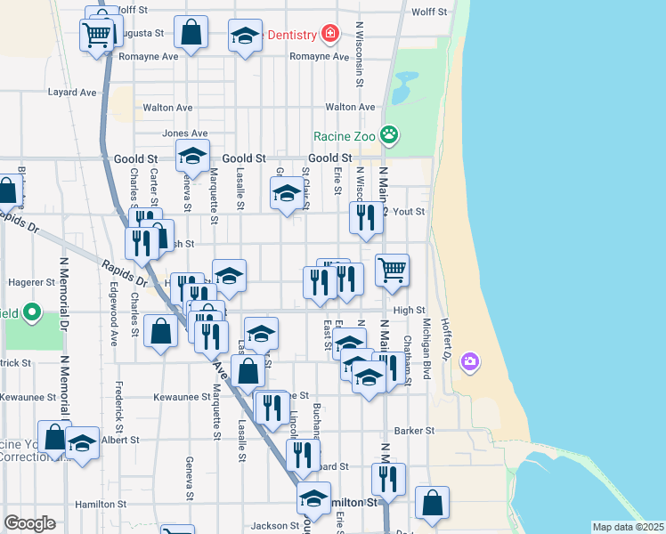 map of restaurants, bars, coffee shops, grocery stores, and more near 1814 Erie Street in Racine