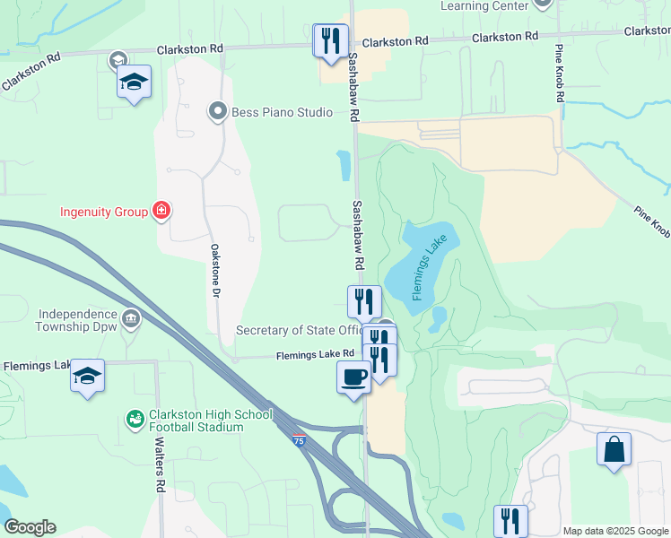 map of restaurants, bars, coffee shops, grocery stores, and more near 7201 Sashabaw Road in Clarkston