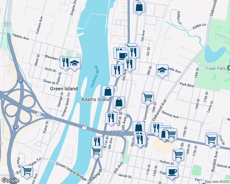 map of restaurants, bars, coffee shops, grocery stores, and more near 648 River Street in Troy