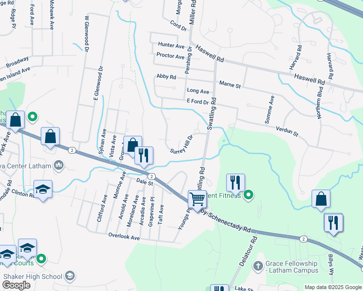 map of restaurants, bars, coffee shops, grocery stores, and more near 28 Surrey Hill Drive in Latham