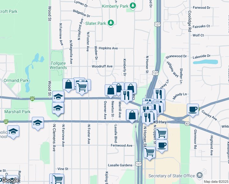 map of restaurants, bars, coffee shops, grocery stores, and more near 2709 East Grand River Road in Lansing