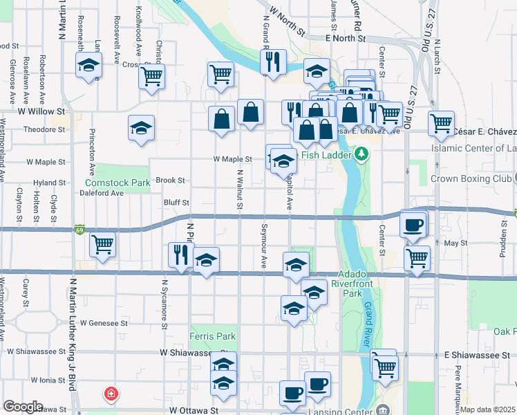map of restaurants, bars, coffee shops, grocery stores, and more near 912 Seymour Avenue in Lansing