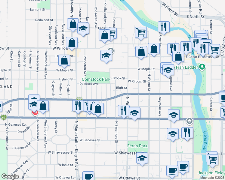 map of restaurants, bars, coffee shops, grocery stores, and more near 914 Wisconsin Avenue in Lansing