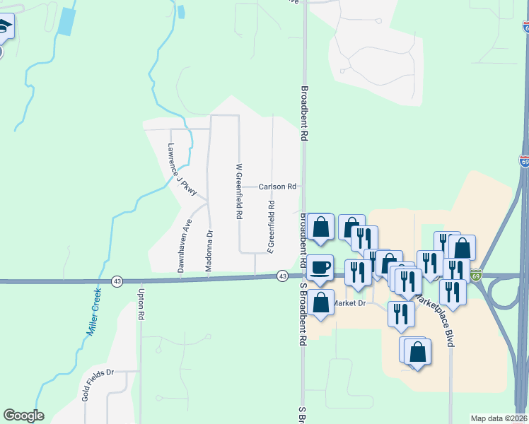 map of restaurants, bars, coffee shops, grocery stores, and more near 12205 Greenfield Drive in Lansing