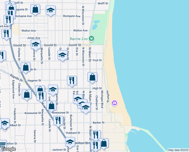 map of restaurants, bars, coffee shops, grocery stores, and more near 1821 North Main Street in Racine