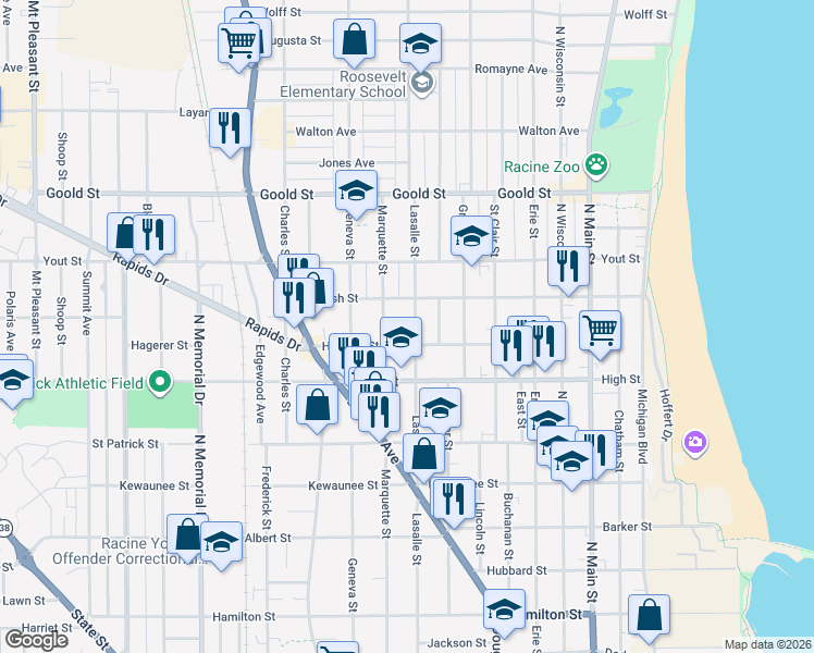 map of restaurants, bars, coffee shops, grocery stores, and more near 1820 Lasalle Street in Racine