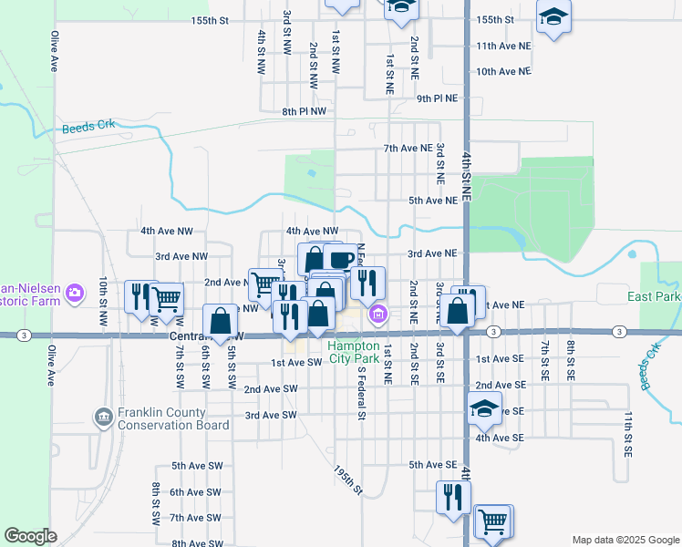 map of restaurants, bars, coffee shops, grocery stores, and more near 205 1st St NW in Hampton