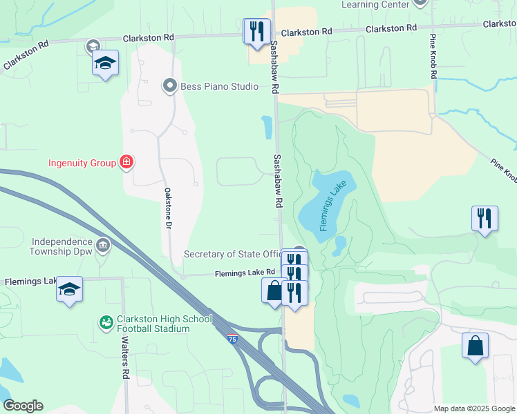 map of restaurants, bars, coffee shops, grocery stores, and more near 7201 Sashabaw Road in Clarkston