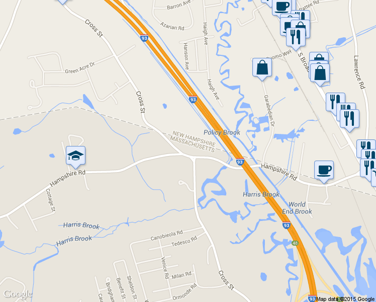 map of restaurants, bars, coffee shops, grocery stores, and more near 102 Hampshire Road in Methuen