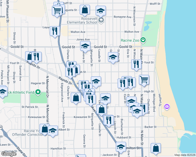 map of restaurants, bars, coffee shops, grocery stores, and more near 1820 Lasalle Street in Racine