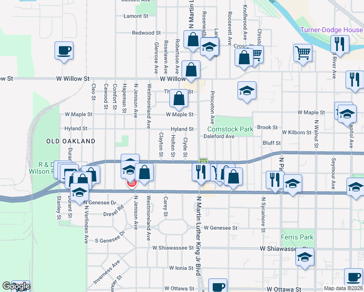 map of restaurants, bars, coffee shops, grocery stores, and more near 907 Clyde Street in Lansing