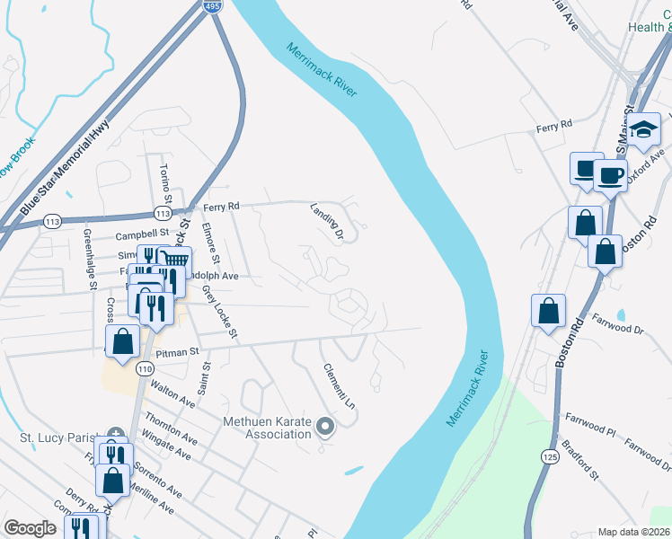 map of restaurants, bars, coffee shops, grocery stores, and more near 45 Christopher Drive in Methuen