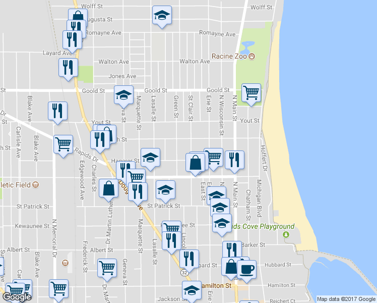 map of restaurants, bars, coffee shops, grocery stores, and more near 1816 Saint Clair Street in Racine