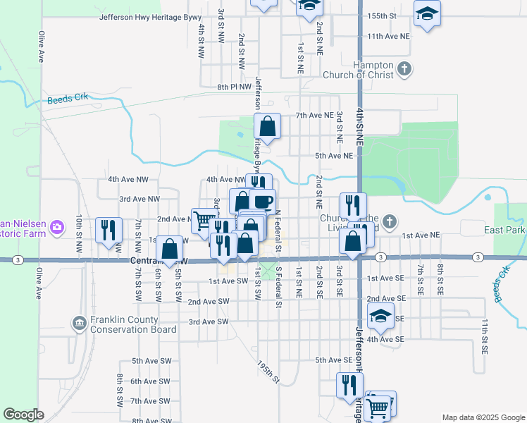 map of restaurants, bars, coffee shops, grocery stores, and more near 205 1st Street Northwest in Hampton