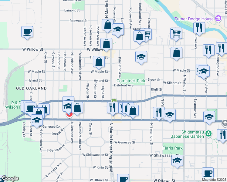 map of restaurants, bars, coffee shops, grocery stores, and more near 908 North Martin Luther King Junior Boulevard in Lansing