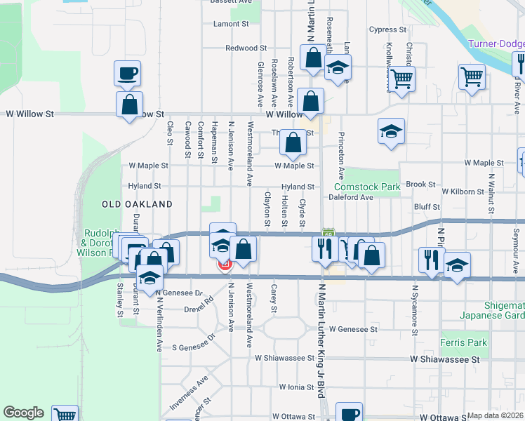 map of restaurants, bars, coffee shops, grocery stores, and more near 910 Westmoreland Avenue in Lansing