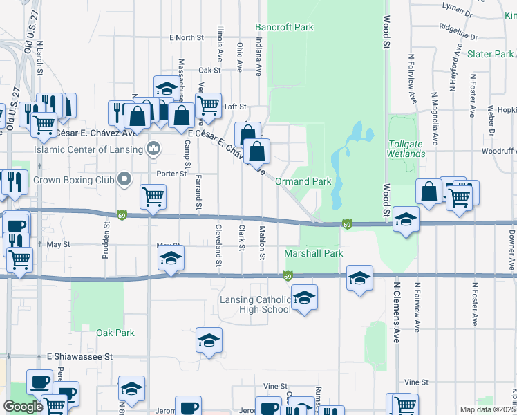 map of restaurants, bars, coffee shops, grocery stores, and more near 913 Mahlon Street in Lansing