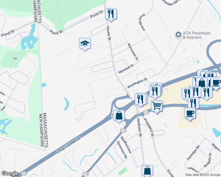 map of restaurants, bars, coffee shops, grocery stores, and more near 2 Garden City Road in Methuen