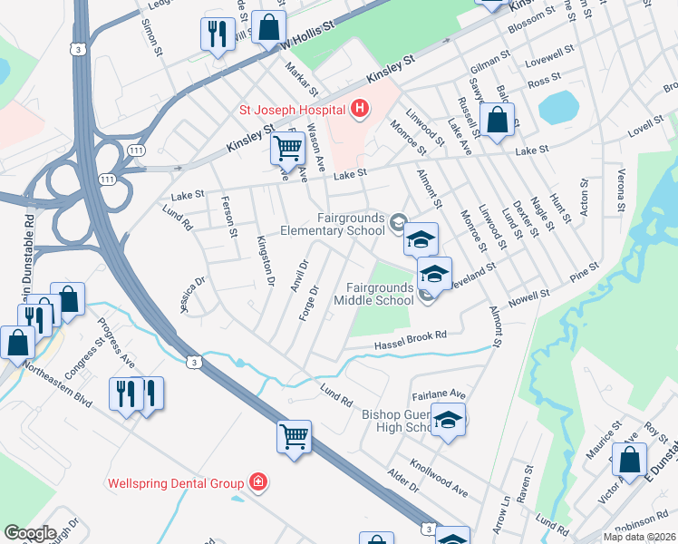 map of restaurants, bars, coffee shops, grocery stores, and more near 39b Caldwell Road in Nashua
