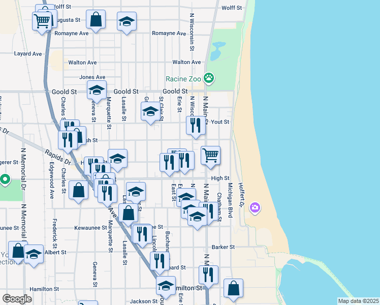 map of restaurants, bars, coffee shops, grocery stores, and more near 1818 North Wisconsin Street in Racine