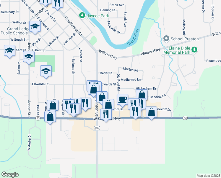 map of restaurants, bars, coffee shops, grocery stores, and more near 1109 Tulip Street in Grand Ledge