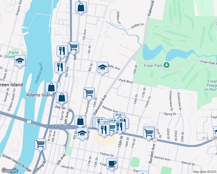 map of restaurants, bars, coffee shops, grocery stores, and more near 86 Oakwood Avenue in Troy