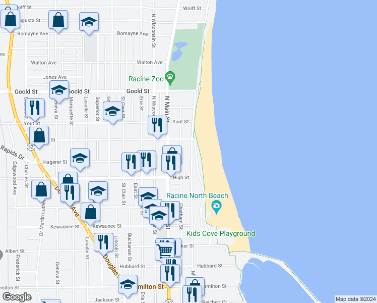 map of restaurants, bars, coffee shops, grocery stores, and more near 1818 Michigan Boulevard in Racine