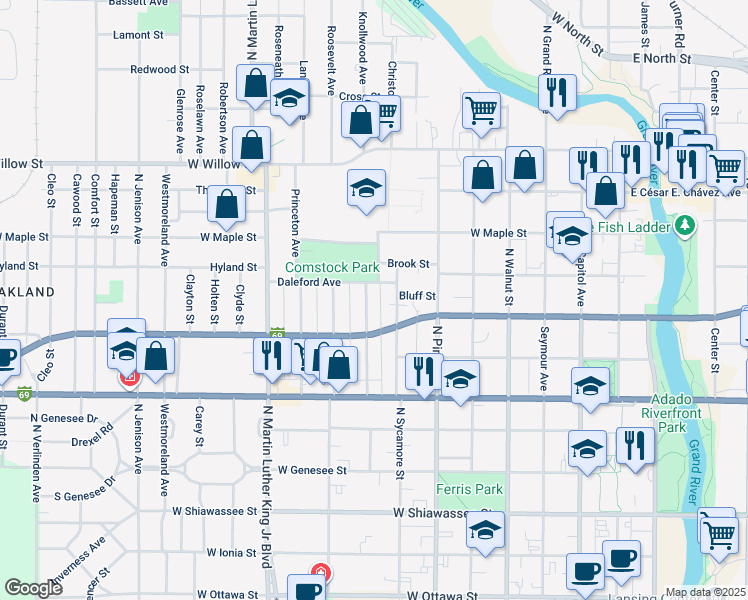 map of restaurants, bars, coffee shops, grocery stores, and more near 914 Wisconsin Avenue in Lansing