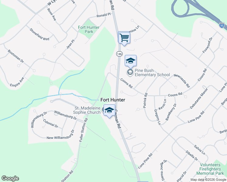 map of restaurants, bars, coffee shops, grocery stores, and more near 3470 Carman Road in Schenectady