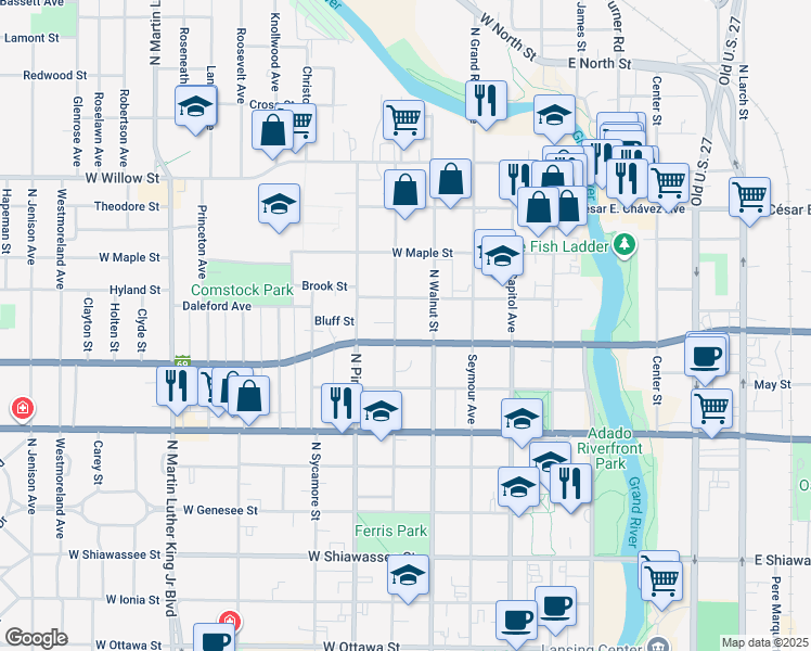 map of restaurants, bars, coffee shops, grocery stores, and more near 910 North Chestnut Street in Lansing