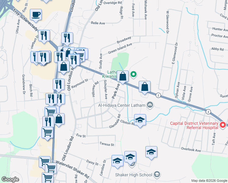 map of restaurants, bars, coffee shops, grocery stores, and more near 17 Park Avenue in Latham