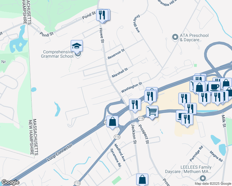 map of restaurants, bars, coffee shops, grocery stores, and more near 32 Howe Street in Methuen