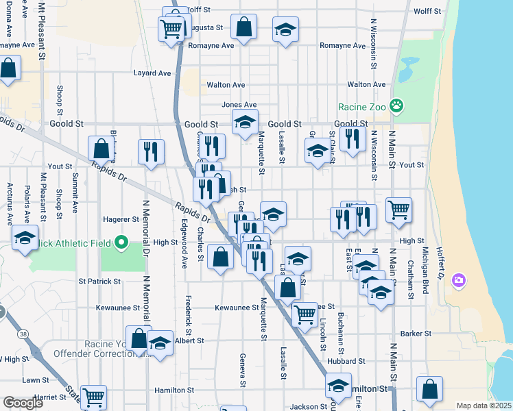 map of restaurants, bars, coffee shops, grocery stores, and more near 1820 Marquette Street in Racine