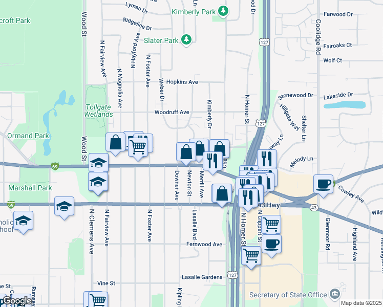 map of restaurants, bars, coffee shops, grocery stores, and more near 2709 East Grand River Road in Lansing