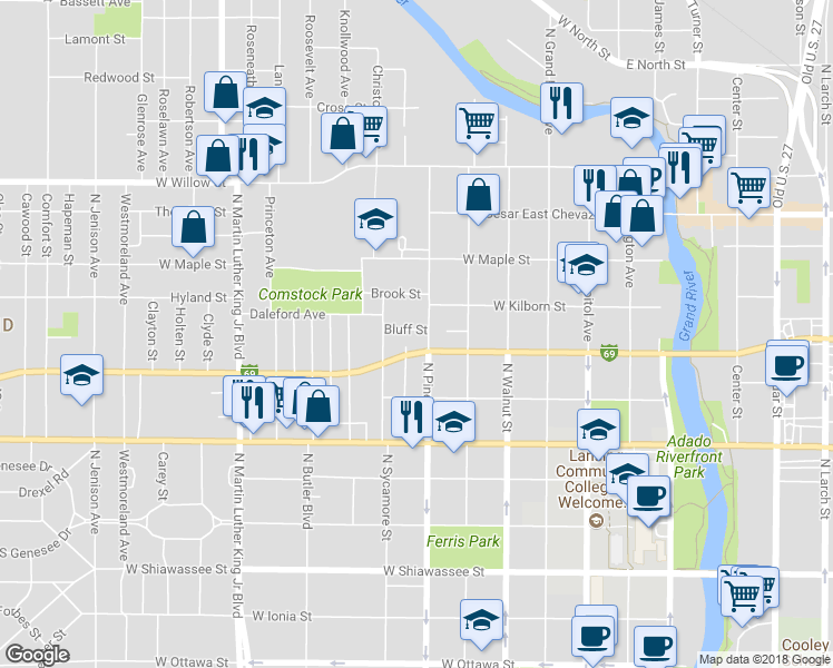 map of restaurants, bars, coffee shops, grocery stores, and more near 619 Bluff Street in Lansing