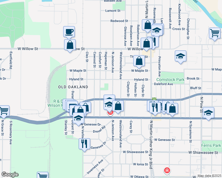 map of restaurants, bars, coffee shops, grocery stores, and more near 909 North Jenison Avenue in Lansing