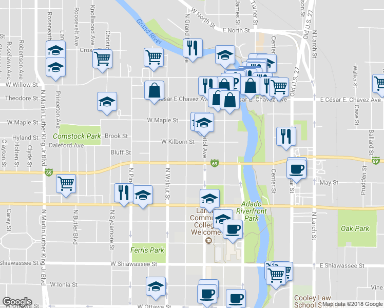 map of restaurants, bars, coffee shops, grocery stores, and more near 912 Seymour Avenue in Lansing