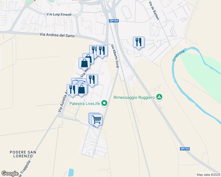 map of restaurants, bars, coffee shops, grocery stores, and more near 29 Via Silvana Mangano in Provincia di Grosseto