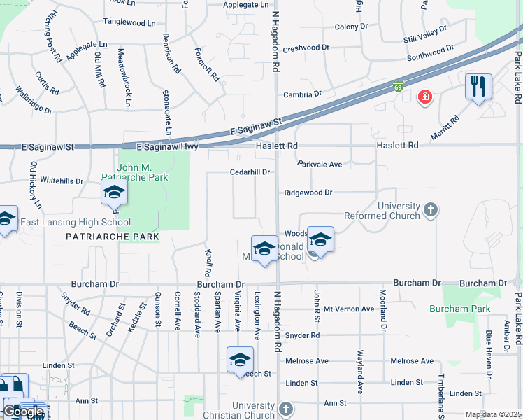 map of restaurants, bars, coffee shops, grocery stores, and more near 938 Delridge Road in East Lansing