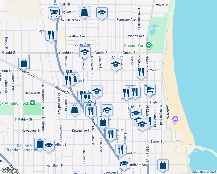 map of restaurants, bars, coffee shops, grocery stores, and more near 1821 Superior Street in Racine
