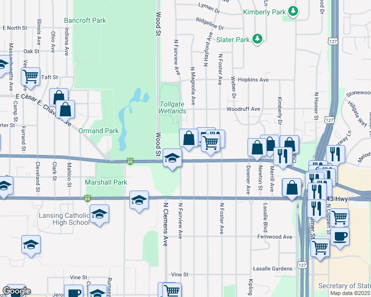 map of restaurants, bars, coffee shops, grocery stores, and more near 920 North Fairview Avenue in Lansing
